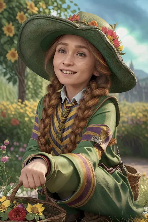 (Hogwarts:1.3), realistic, 30 years old, nature, realistic, big green hat, full body view,
(a woman on her knees picking flower:1.2), surrounded by flowers,
gigantic colorful flower plants in background,
surprised expression, smiling,
outside, (backlighting:1.2), (sun rays:1.1), clear midday, blue sky,
detailed skin, flower petals in the wind, birds in background,
<lora:Mirabel Garlick:0.75>
<lora:a_woman_on_her_knees.v1.0:0.5>
<lora:backlighting:0.4>
<lora:LowRA:0.45>
<lora:depth_of_field_slider_v1:2>