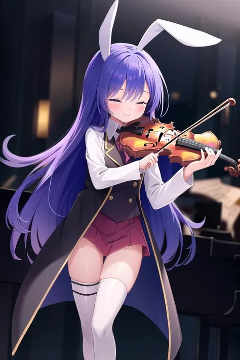 <lora:Erina:0.6>, Erina, 1girl, rabbit ears, puprle eyes, purple hair, long hair, single thighhigh, tailcoat, instrument, playing instrument, violin, <lora:GoodHands-beta2:1>, smile, closed eyes, dark, spotlight,, masterpiece, best quality,