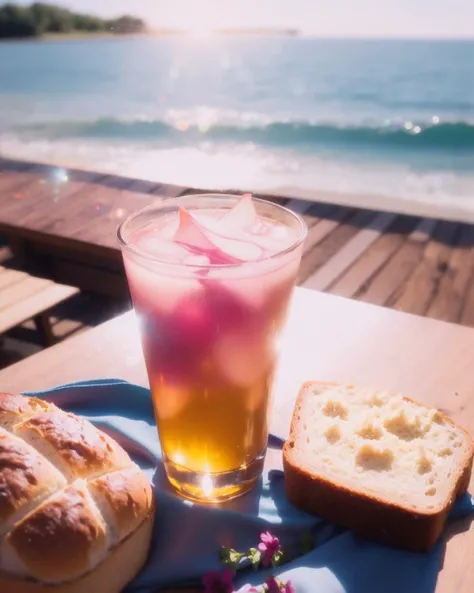 yanzhi, Cinematic scene, (lens flare:1.3), still-life photography, Rich cuisine, bread, beverages, wine,
pink flowers, blue ocean,
Depth field, film grain, bokeh, best quality, masterpiece, high resolution, no humans,