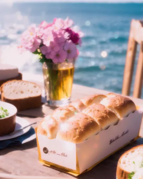 yanzhi, Cinematic scene, (lens flare:1.3), still-life photography, Rich cuisine, bread, beverages,
pink flowers, ocean,
Depth field, film grain, bokeh, best quality, masterpiece, high resolution, no humans,