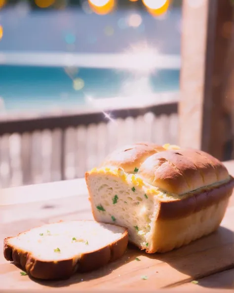 yanzhi, Cinematic scene, (lens flare:1.3), still-life photography, Rich cuisine, bread, beverages, wine,
pink flowers, blue ocean,
Depth field, film grain, bokeh, best quality, masterpiece, high resolution, no humans,