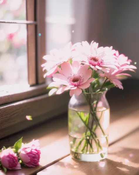 yanzhi, Cinematic scene, (lens flare:1.3), Barbie doll scene,  
(a lot of pink flowers:1.4), indoor,Large glass window,
Depth field, film grain, bokeh, best quality, masterpiece, high resolution, no humans,