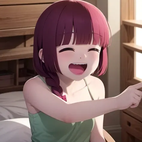 1girl, solo, braid, closed eyes, blush, open mouth, long hair, bow, smile, fang, hair over shoulder, bangs, black bow, green dress, hair bow, dress, blunt bangs, sparkle, facing viewer, photo background, blurry background, single braid, :d, blurry, strap slip, collarbone, red hair, sleeveless, bare shoulders, indoors, ^_^,sharp_teeth