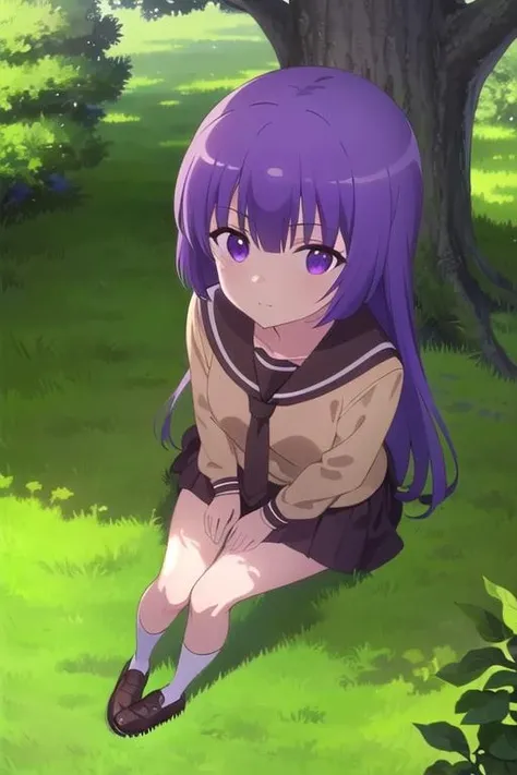 (best quality), high quality, [masterpiece, highres], pixiv featured, (1girl), solo, ((beautiful:0.75) cute girl:0.8), perfect anatomy, nice hands, perfect hands, [detailed] background [illustration], youko nishikawa, school uniform, brown shoes, sitting in grass , from above, outdoors, garden, looking at viewer, tree, <lora:youko-sansan-10:0.8>