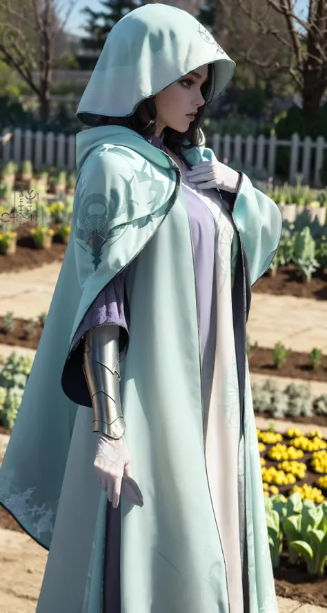 luxurious_cloaks,Female Valkyrie wearing Dark Steel Helmet with Enchanted Runes and Ethereal Fog Surrounding the Crest , Dark Purple Necromancer Robe with Wisps of Shadow: Wisps of shadow swirl around the robe, hinting at dark powers., (Vegetable Garden,Soft Celadon color background:1.3), <lora:luxurious_cloaks:1>