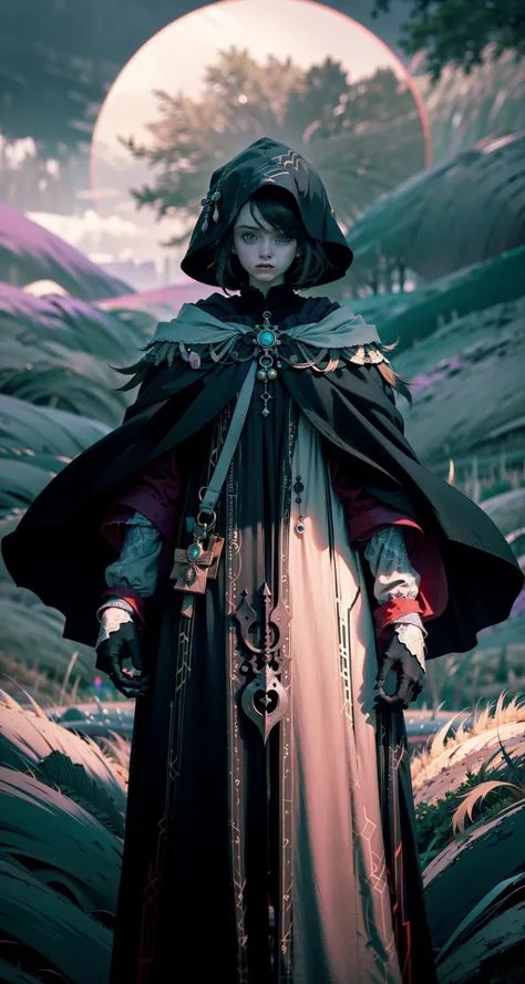 luxurious_cloaks,Female Priestess wearing Obsidian Black Ring Mail Armor with Silver Trims and Shadowy Illusions , Moonlit Silver Cloak with Ethereal Mist: The silver cloak trails an ethereal mist, giving the wearer an otherworldly appearance., (Prairie Dune,Ultraviolet Nusp color background:1.3), <lora:luxurious_cloaks:1>