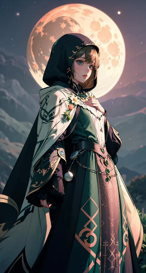 luxurious_cloaks,Female Cleric wearing Verdant Green Armored Dress with Bronze Filigree , Moonlit White Cloak with Lunar Phases: The cloak displays the different phases of the moon, shifting as the night progresses., (Momo Peach,Wild Thyme color background:1.3), <lora:luxurious_cloaks:1>