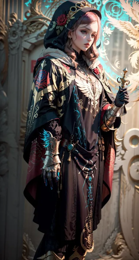 luxurious_cloaks,Female Musketeer wearing Rusty Full Plate Armor with Verdigris Patina , Velvet Crimson Cape with Embroidered Phoenix: A majestic phoenix is beautifully embroidered on the cape, symbolizing rebirth and immortality., (Harmonious Rose,Bel Air Blue color background:1.3), <lora:luxurious_cloaks:1>