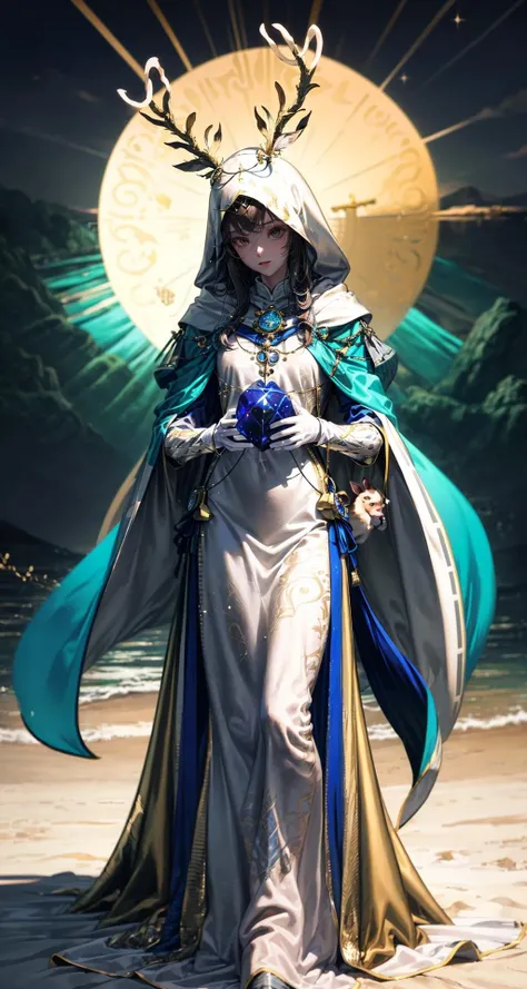 luxurious_cloaks,Female Knight wearing Moonlight Silver Armor with Sapphire Blue Trims , Golden Priest Robe with Divine Sigils: Divine sigils are emblazoned on the robe, symbolizing the wearer's connection to the gods., (So Much Fawn,Sea of Galilee color background:1.3), <lora:luxurious_cloaks:1>