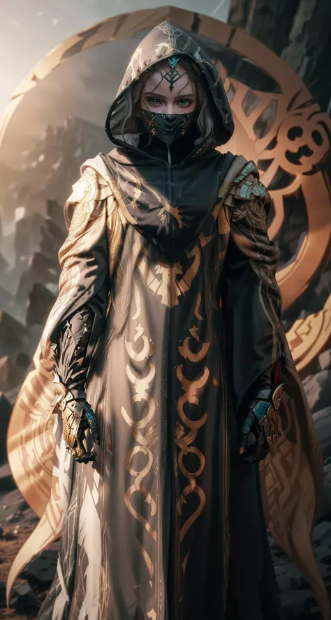 luxurious_cloaks,Female Knight wearing Obsidian Black Ring Mail Armor with Silver Trims and Shadowy Illusions , Amber Wizard Robe with Arcane Glyphs: Arcane glyphs cover the robe, showcasing the wearer's mastery of ancient magic., (Agrellan Badland,Serene Breeze color background:1.3), <lora:luxurious_cloaks:1>