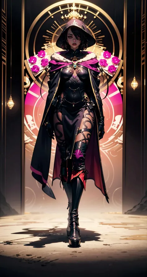luxurious_cloaks,Female Mage wearing Obsidian Black Full Plate Armor with Silver Accents , Dark Purple Necromancer Robe with Wisps of Shadow: Wisps of shadow swirl around the robe, hinting at dark powers., (Rikan Brown,Festival Fuchsia color background:1.3), <lora:luxurious_cloaks:1>