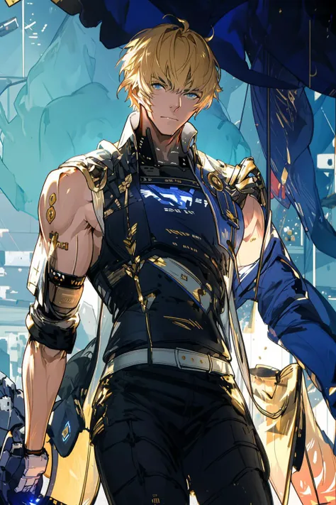 masterpiece, best quality, realistic, 1man, mature male, wide muscular body, broad shoulders, handsome, thick eyebrows, angular jaw, extremely detailed eyes, red lips, relaxed lips, big arms, perfect face, ruins, sleeveless_shirt, radiant_light_rays, glow_gold_particles, hard shadows, dynamic pose, <lora:betterLight_v10:1>, <lora:punishingGreyRaven_lee:1>, <lora:ocIllustration_v10:0.5>, ((scifi:1.5))