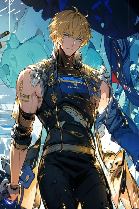 masterpiece, best quality, realistic, 1man, mature male, wide muscular body, broad shoulders, handsome, thick eyebrows, angular jaw, extremely detailed eyes, red lips, relaxed lips, big arms, perfect face, ruins, sleeveless_shirt, radiant_light_rays, glow_gold_particles, hard shadows, dynamic pose, <lora:betterLight_v10:1>, <lora:punishingGreyRaven_lee:1>, <lora:ocIllustration_v10:0.5>, ((scifi:1.5))