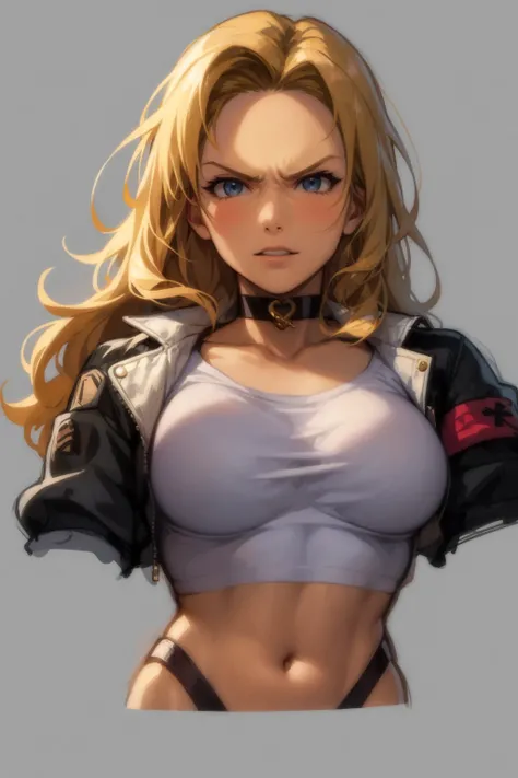 masterpiece, best quality, 1girl, sonyablade, long hair, blonde hair, closeup,choker, crop top, cropped jacket, sketch, simple background <lora:SonyaBlade:1>