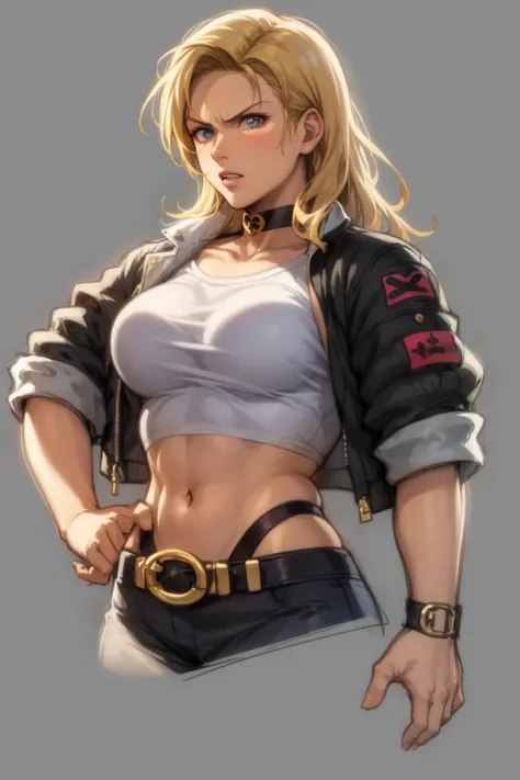 masterpiece, best quality, 1girl, sonyablade,  long hair, blonde hair, closeup,choker, crop top, cropped jacket, sketch, simple background  <lora:SonyaBlade:1>