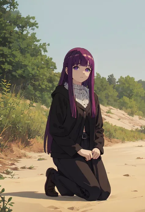 (safe:1.10), best quality, masterpiece, highres, solo, (fern_sousounofrieren:1.10), kneeling, kneeling on one knee, on one knee, cowboy shot, looking at viewer, anime_style, 35 <lora:fern_sousounofrieren:0.80>