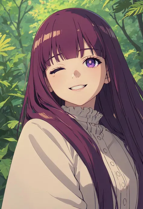 best quality, masterpiece, highres, solo, (fern_sousounofrieren:1.10), smile, happy, one eye closed, portrait, looking at viewer, anime_style, 39 <lora:fern_sousounofrieren:0.80>