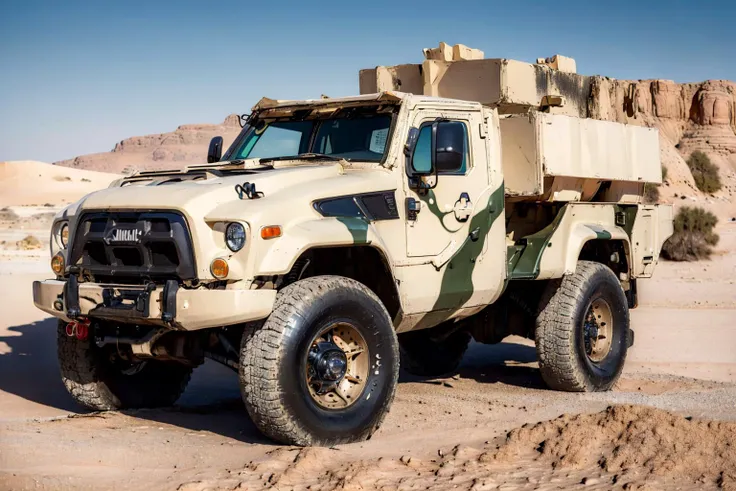 (masterpiece, best quality:1.2), ultra-detailed, woman in sexy army uniform leaning over on truck ArmyCar on desert, (realistic:1.5), <lora:Valencia_v1.1:0.6> <lora:EdobArmyCars_v1.0:0.6>
