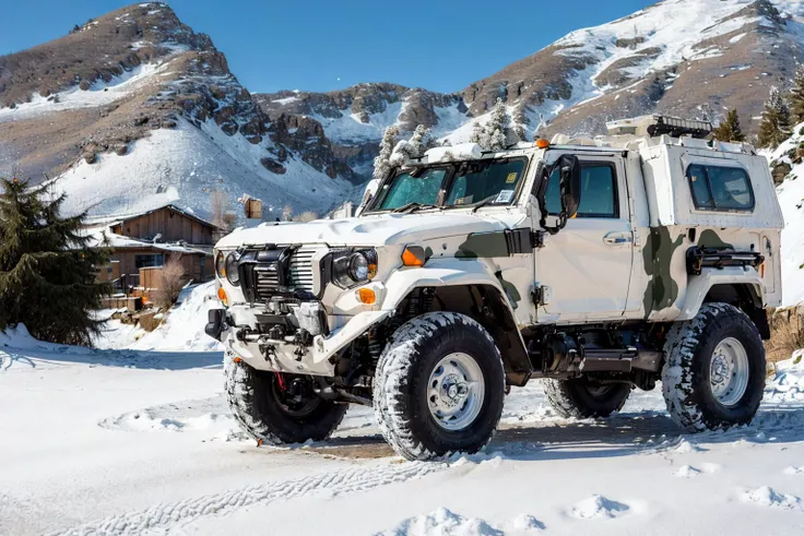 (masterpiece, best quality:1.2), ultra-detailed, woman in sexy snow camouflage army uniform leaning over on white camouflage tank ArmyCar on frozen mountains, (realistic:1.5), <lora:Valencia_v1.1:0.6> <lora:EdobArmyCars_v1.0:0.6>