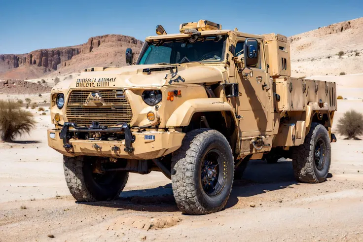 (masterpiece, best quality:1.2), ultra-detailed, woman in sexy desert army uniform leaning over on truck ArmyCar on desert, (realistic:1.5), <lora:Valencia_v1.1:0.6> <lora:EdobArmyCars_v1.0:0.6>