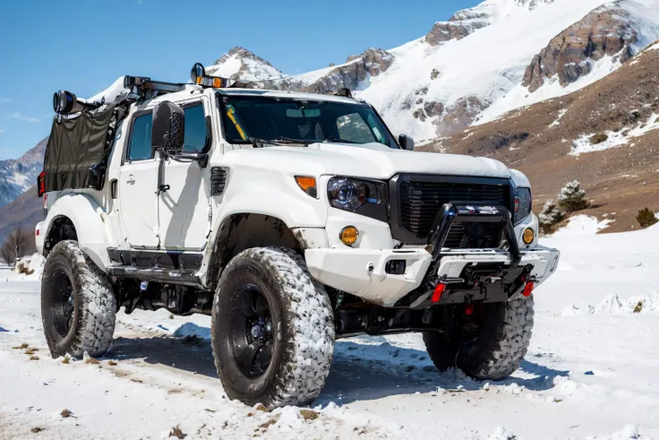 (masterpiece, best quality:1.2), ultra-detailed, woman in sexy snow army uniform leaning over on suv ArmyCar on frozen mountains, (realistic:1.5), <lora:Valencia_v1.1:0.6> <lora:EdobArmyCars_v1.0:0.6>
