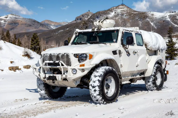 (masterpiece, best quality:1.2), ultra-detailed, woman in sexy snow camouflage army uniform leaning over on white camouflage battle tank ArmyCar on frozen mountains, (realistic:1.5), <lora:Valencia_v1.1:0.6> <lora:EdobArmyCars_v1.0:0.6>