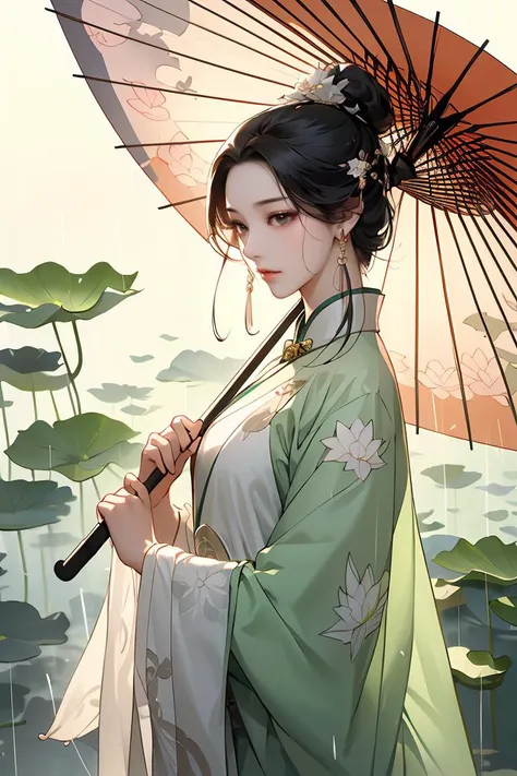 A woman holds a oil-paper umbrella on her shoulder to shelter from the rain as part of a fashion event in the style of Yue Xiaofei,light jade,ethereal dream,Tang Youhong,elegant,detailed design,dansaekhwa Joil-paper umbrellachinese clothesholding umbrellarain (Milky skin, shiny skin:1.1)(lotus leaf:1.2),<lora:GoodHands-beta2:1>,<lora:ç»ªå¿-ä¼ä¸­ä»oil paper umbrella:0.6>,