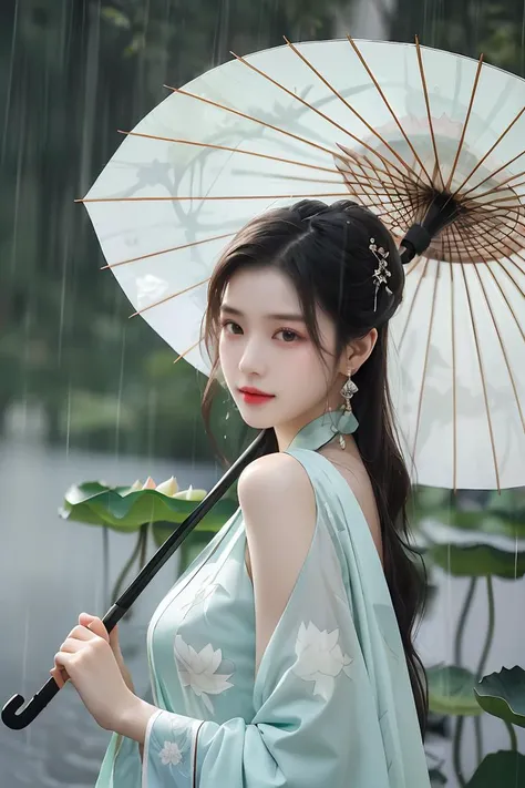 A woman holds a oil-paper umbrella on her shoulder to shelter from the rain as part of a fashion event in the style of Yue Xiaofei,light jade,ethereal dream,Tang Youhong,elegant,detailed design,dansaekhwa Joil-paper umbrellachinese clothesholding umbrellarain (Milky skin, shiny skin:1.3)(lotus leaf:1.2),<lora:GoodHands-beta2:1>,<lora:ç»ªå¿-ä¼ä¸­ä»oil paper umbrella:0.5>,