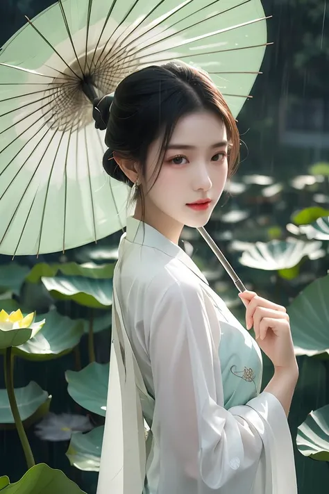 A woman holds a oil-paper umbrella on her shoulder to shelter from the rain as part of a fashion event in the style of Yue Xiaofei,light jade,ethereal dream,Tang Youhong,elegant,detailed design,dansaekhwa Joil-paper umbrellachinese clothesholding umbrellarain (Milky skin, shiny skin:1.3)(lotus leaf:1.2),<lora:GoodHands-beta2:1>,<lora:ç»ªå¿-ä¼ä¸­ä»oil paper umbrella:0.5>,