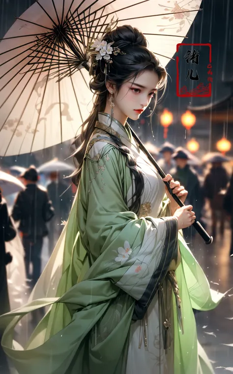A woman holds a oil-paper umbrella on her shoulder to shelter from the rain as part of a fashion event in the style of Yue Xiaofei, light jade, ethereal dream, Tang Youhong, elegant, detailed design, dansaekhwa
Joil-paper umbrellachinese clothesholding umbrellarain
<lora:~Q?-ON-Noil paper umbrella:0.9>
