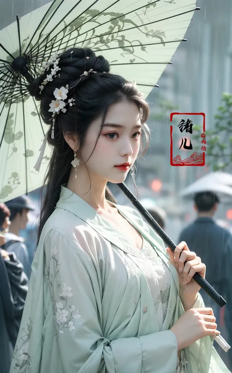 A woman holds a oil-paper umbrella on her shoulder to shelter from the rain as part of a fashion event in the style of Yue Xiaofei, light jade, ethereal dream, Tang Youhong, elegant, detailed design, dansaekhwa
Joil-paper umbrellachinese clothesholding umbrellarain
<lora:~Q?-ON-Noil paper umbrella:0.9>