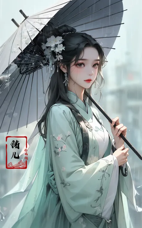 A woman holds a oil-paper umbrella on her shoulder to shelter from the rain as part of a fashion event in the style of Yue Xiaofei, light jade, ethereal dream, Tang Youhong, elegant, detailed design, dansaekhwa
Joil-paper umbrellachinese clothesholding umbrellarain
<lora:~Q?-ON-Noil paper umbrella:0.9>