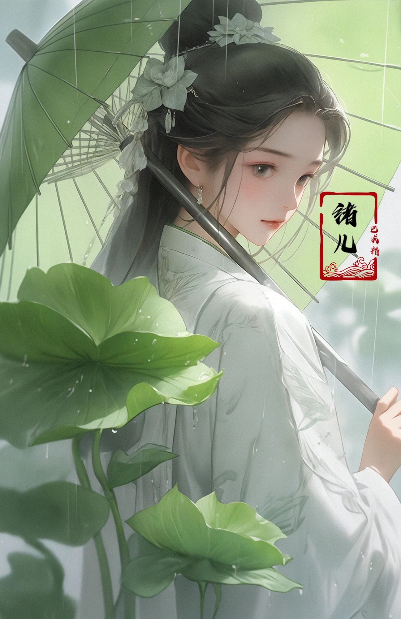 A woman holds a oil-paper umbrella on her shoulder to shelter from the rain as part of a fashion event in the style of Yue Xiaofei, light jade, ethereal dream, Tang Youhong, elegant, detailed design, dansaekhwa
Joil-paper umbrellachinese clothesholding umbrellarain 
<lora:oil paper umbrella_20230917191731:0.8>