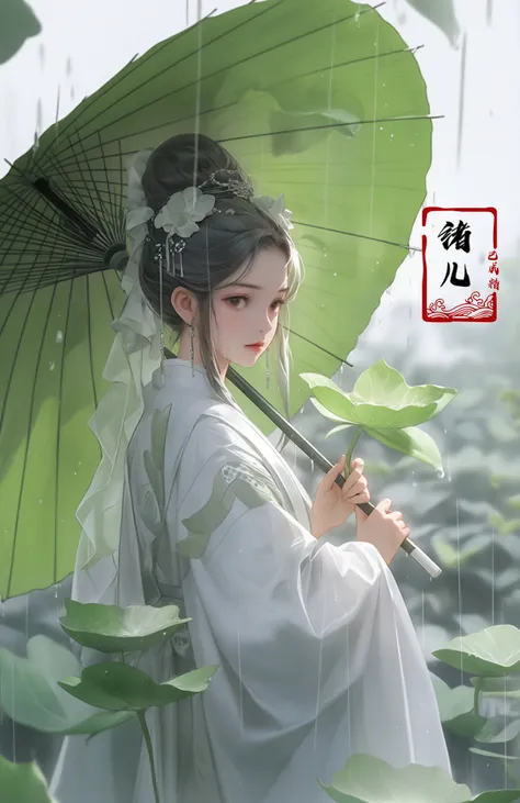 A woman holds a oil-paper umbrella on her shoulder to shelter from the rain as part of a fashion event in the style of Yue Xiaofei, light jade, ethereal dream, Tang Youhong, elegant, detailed design, dansaekhwa
Joil-paper umbrellachinese clothesholding umbrellarain 
<lora:oil paper umbrella_20230917191731:0.8>