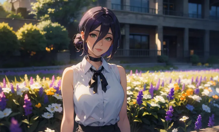 soft and warm color, still,bright,vivid,dreamy,evocative use of light and shadow, incredible beauty,anime style,vibrant,studio anime,beautiful,textural, ray tracing, absurdres, offical art, illustration, (((masterpiece))),(((best quality))),((ultra-detailed)), 1girl, aged_up, mature female, solo, looks at the viewer, <lora:reze_v1:1>, Reze, purple hair, hair between eyes, short hair, hair bun, green eyes, black choker, ((white shirt, white collared shirt, sleeveless, black ribbon)), closed mouth, smile, grass, arms_behind_back, flowers field, garden, field of flowers
<lora:Lgirl-v6_500steps:-4>
<lora:GoodHands-beta2:1>