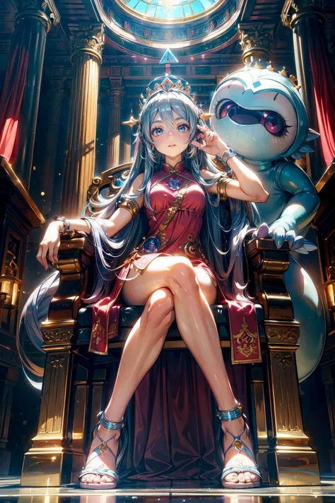 (best quality, masterpiece:1.3), 1girl, sitting on a trone, inside a temple, (pink chinese dress), blue eyes, cute face, very long hair, (wearing a crown), higly detailed hair, tattoo, half body, perfect body, big columns, higly detailed face, glowing lights, (((creature on the background))), front view, <lora:add_detail:1>