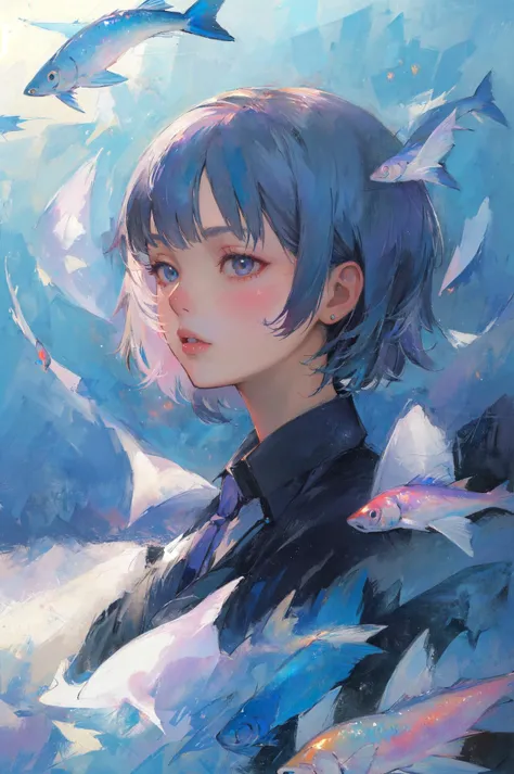 ((high_quality, masterpiece, great artwork)) <lora:JFZBizarre:1.5> 1girl, solo, upper_body, jfzbizarre, short_hair, flying fishes, holograms,