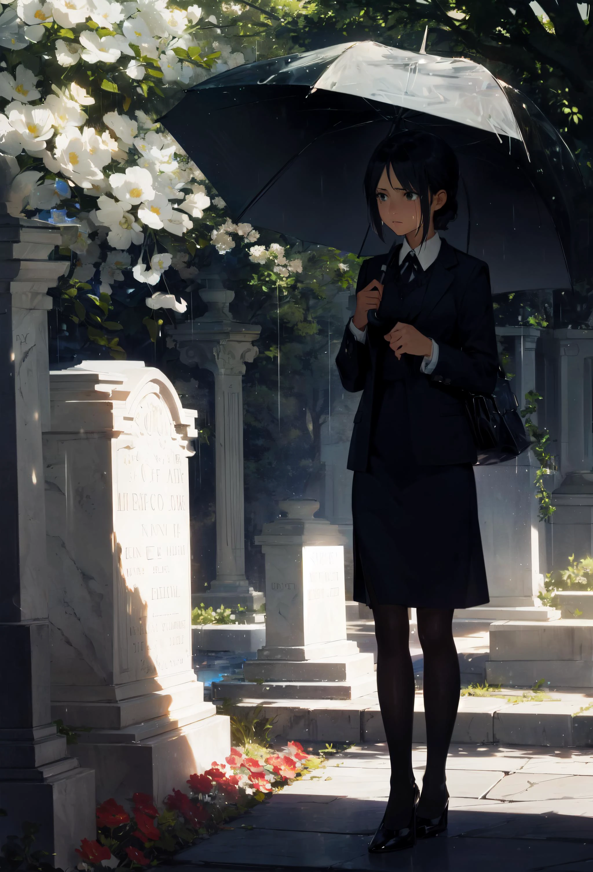 ADDBASE grave, raining, flowers, dramatic lighting, dramatic shadows,
ADDCOL 1girl, adult, black_jacket, black_pencil_dress, sad, umbrella, standing, looking to the left, crying, dramatic lighting, dramatic shadows,
