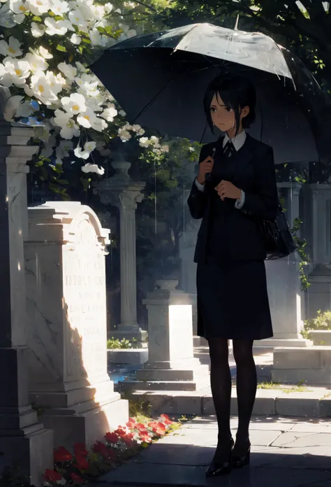 ADDBASE grave, raining, flowers, dramatic lighting, dramatic shadows,
ADDCOL   1girl, adult, black_jacket, black_pencil_dress, sad, umbrella, standing, looking to the left, crying, dramatic lighting, dramatic shadows,