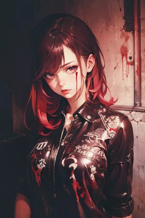 (masterpiece, high quality, highly detailed) 1girl, hard_rock, punk, leather, long_hair, mane, messy, grunge, blood, upper_body, gloomy, pink_hair, basement, irezumi style, glitch,