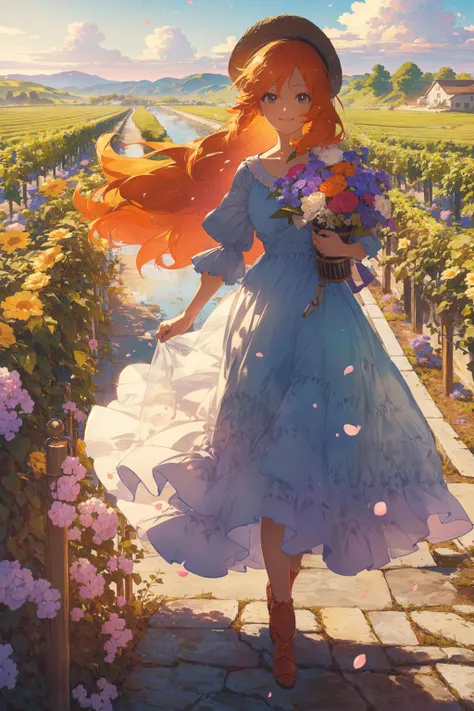 ((high_quality, masterpiece, great artwork)) background_(countryside, windmill, vineyard, sunny), 1girl_(strawhat, blue_dress, embroidery, flowing_long_hair, orange_hair), holding a bucket of flowers, smiling, wind, petals, <lora:Messy:0.5> <lora:å
å½±:1>
