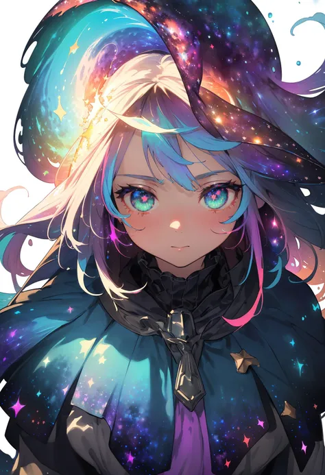 ((masterpiece)), (((best quality))), ((ultra-detailed)), ((illustration)),[realism light effect],shadow,(Fantasy style),(white background:1.6), simple background, (earth theme),(a cloak)[(hair focus,((1girl)),[(big slime hair): (cloud hair):0.3], (hair on background),(high saturation),(hair surrounded by galaxy splashes),)):((her hair is becoming galaxy clouds,:1.27628), (hair and clothes is galaxy clouds and cluster of stars:1.1025),(a cloak is becoming galaxy clouds)(colorful_galaxy_print_clusters_of_stars_print:1.35),((detailed starry sky with colorful galaxy and galaxy clouds):1.2)):0.35], (((masterpiece))),(((best quality))),((ultra-detailed)),(illustration),(dynamic angle),((floating)),(paint),((disheveled hair)),((beautiful detailed face)),collar,bare shoulders, ((colorful hair)),((streaked hair)),beautiful detailed eyes,(Gradient color eyes),(((colorful eyes))),(((colorful background))),(((high saturation))),(((surrounded by colorful splashes))),(((surrounded by colorful dot))),colorful bubble,((shining)),
