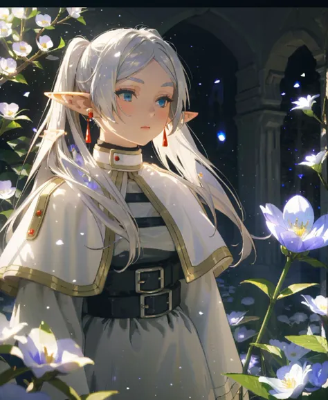 frieren, 1girl, long hair, pointy ears, twintails, jewelry, elf, earrings, capelet, white capelet, long sleeves, parted bangs, dress, belt, flower,Blue light particles, glowing flowers, Impressionism