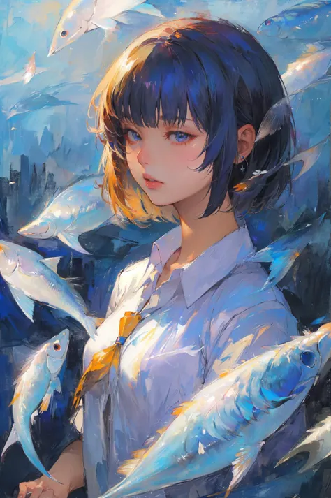 ((high_quality, masterpiece, great artwork))  <lora:JFZBizarre:1.5> 1girl, solo, upper_body, jfzbizarre, short_hair, flying fishes, holograms,