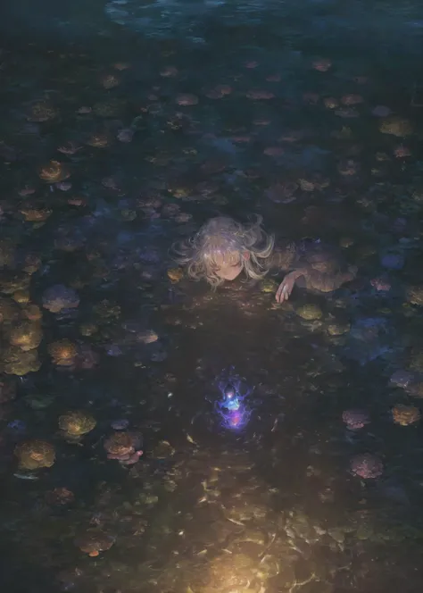 cave、ancient ruins、dim、Slime、slimy magical creature、bones floating in liquid、ほのかに光っているSlime、spooky、horror