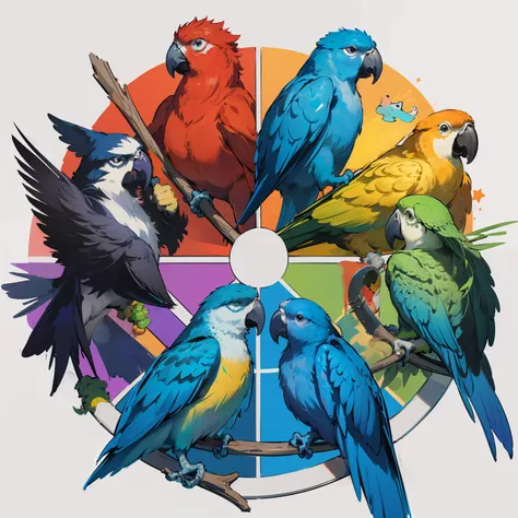 masterpiece,best quality,highres,absurdres,<lora:cwc:1>,cwc,color circle,multiple animals,parrots