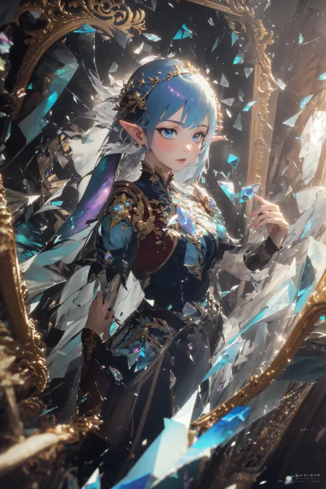 ((high_quality, masterpiece, great artwork)) 1girl, solo, solo focus, elf, embroidery, royal, mantle, modern fantasy, mirrors, shattered glass, iridescent, glass fragments, DOF, dynamic shot, ethereal, dreamlike <lora:flat2:2>