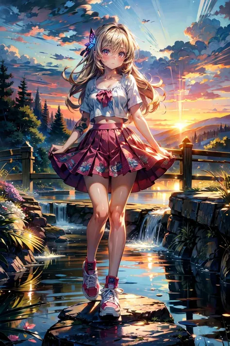 (best quality, masterpiece:1.3), girl, cute and adorable, wide top, pink skirt, sneakers, tattoo, cleavage, (cameltoe), long hair, open legs, long grass, sunset, full body, blushed, marking nipples, well, waterfall on the background, butterflies, glowing, old stone bridge, big flowers, <lora:add_detail:1.4>