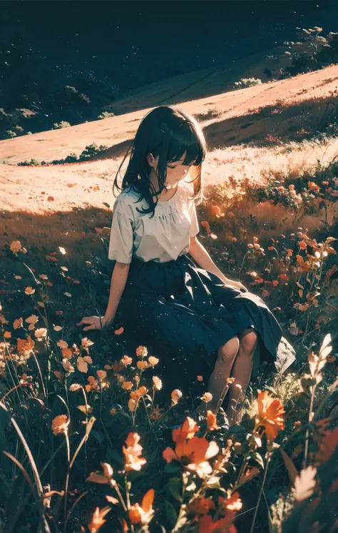 A melancholic autumn scene in a vast flower field,a gentle breeze rustling through the dry grass,fallen leaves scattered among the flowers, a bittersweet atmosphere, a moment of quiet contemplation,1girl,long hair,white_skirt, high-waist_shorts, outfit ,roses,(dynamic angle:1.1),vivid,Soft and warm color palette, delicate brushwork, evocative use of light and shadow, wide shot,subtle details in the wilting flowers,high contrast,color contrast,<lora:InstantPhotoX3:0.2:NF> <lora:LowRA:0.3> <lora:Heavy_grain:0.5>, <lora:to8contrast-1-5:0.2>