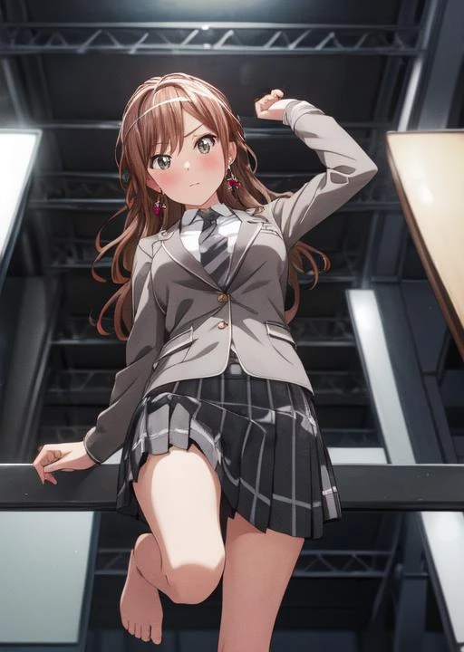 <lora:Lisachi-05:0.8> ,lisachi, ((masterpiece, best quality)),very detailed ,medium breasts,1girl, grey_necktie, brown_hair, haneoka_school_uniform, earrings, full_body, grey jacket, jewelry, long_hair, looking_at_viewer, necktie, plaid, plaid_skirt, grey_pleated_skirt, school_uniform, grey_skirt, <lora:newlisa:0.4>, looking down at viewer, from below, barefoot, <lora:add_detail:0.5>, <lora:foot_up-WIP:0.3>